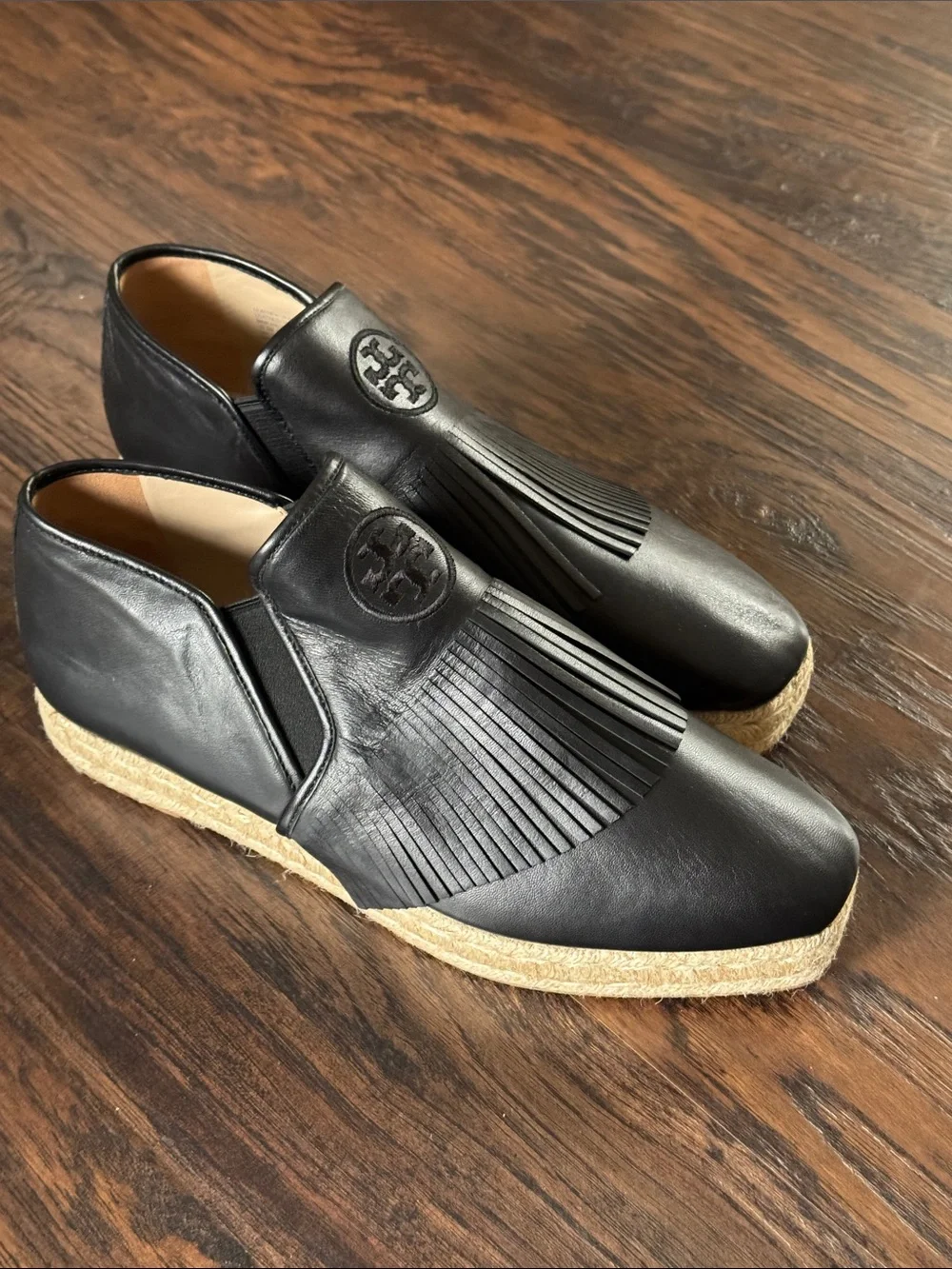 Tory Burch Black Leather Fringe Espadrille Slip-Ons